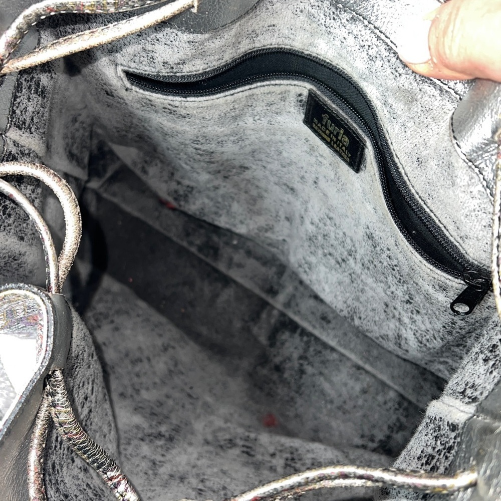 Furla Vintage Silver Leather Cinch Semi Structured Bucket Bag Made in Italy - Picture 13 of 16